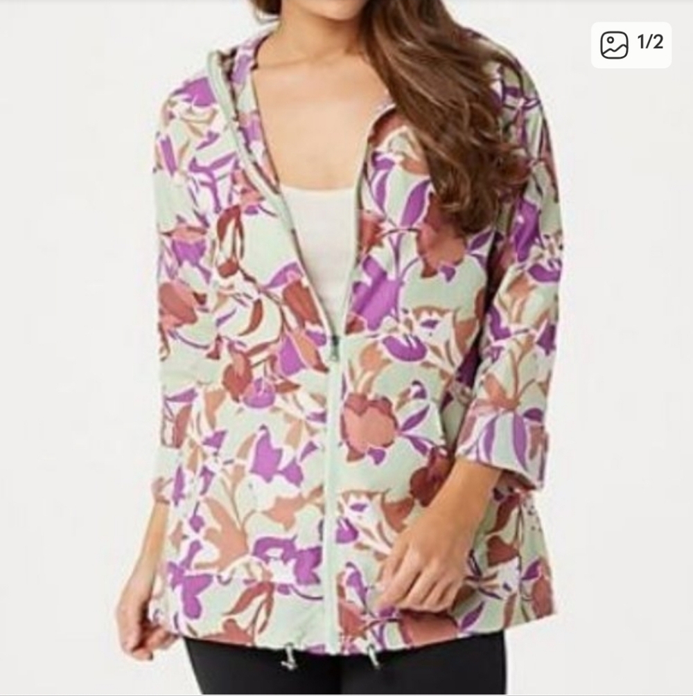 LOGO Lori Goldstein Hooded Jacket Zipper Front Medium Floral Lightweight Outdoor